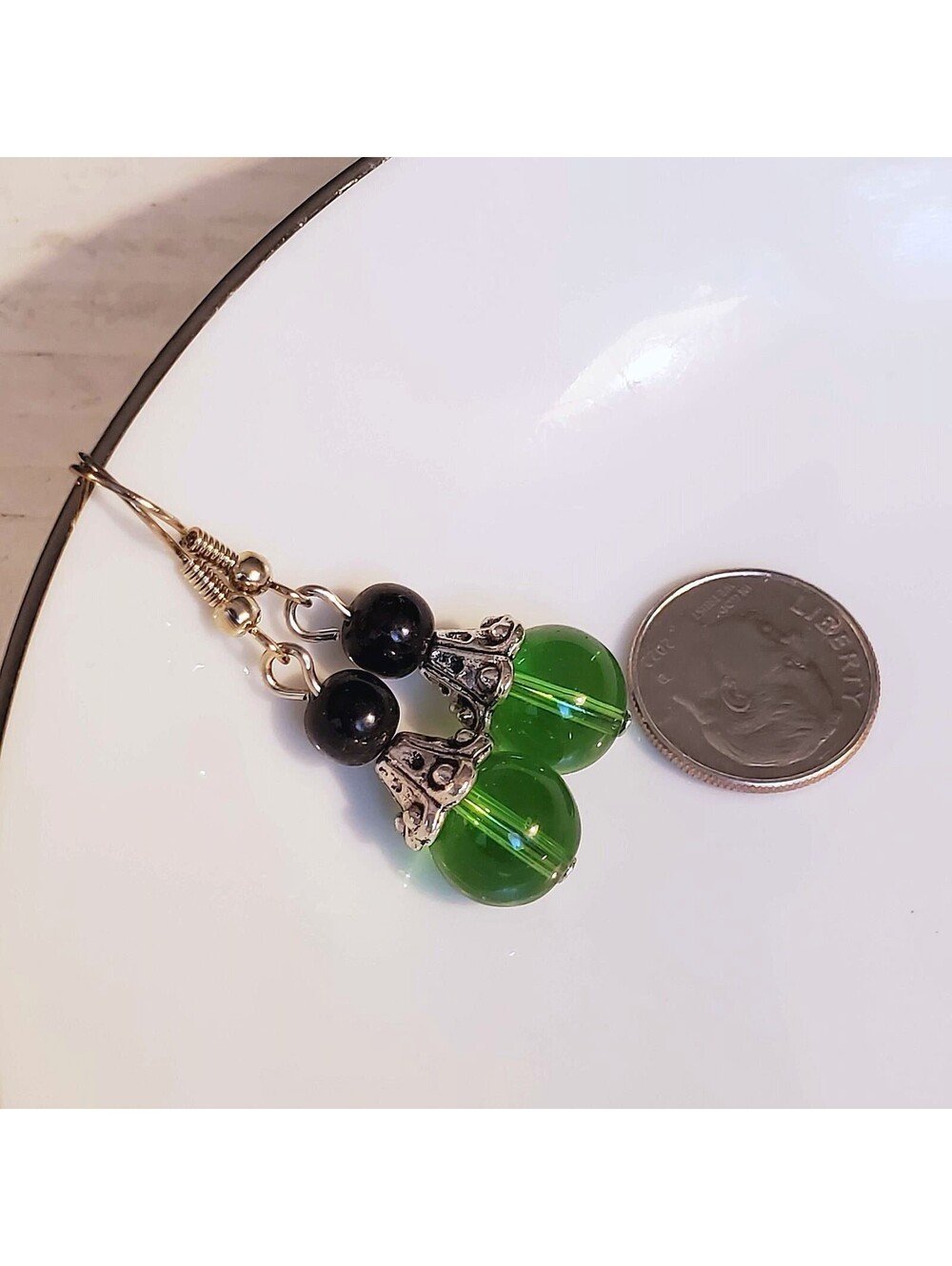 Eclectic Black Green Glass Bead Antiqued Silver Fancy Bead Cap Earrings - Picture 5 of 5